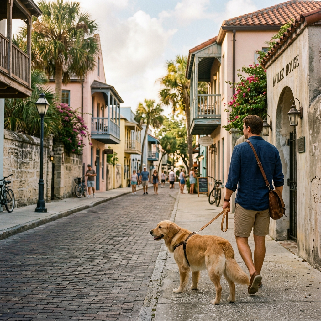 Man walking a golden retriever along a cobblestone historic street
