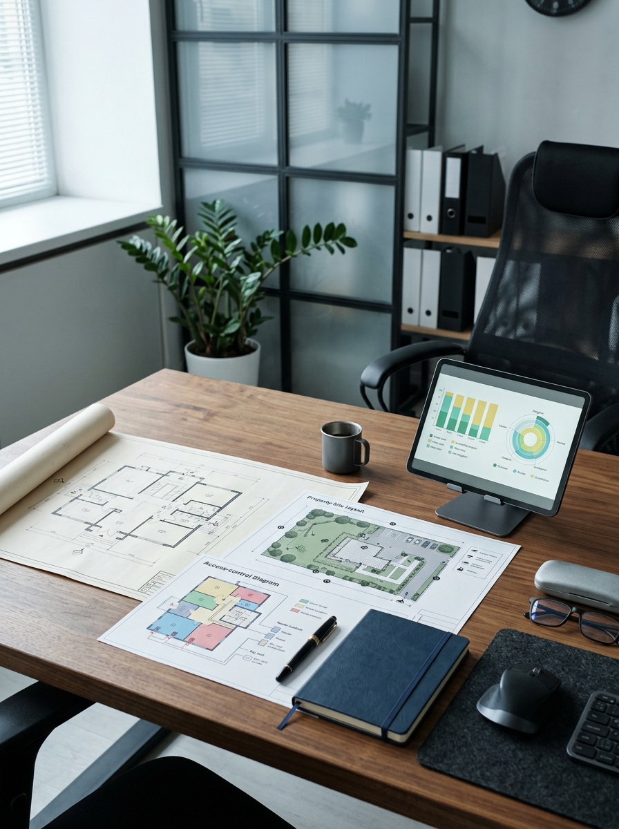 Architectural plans and charts arranged on an office desk