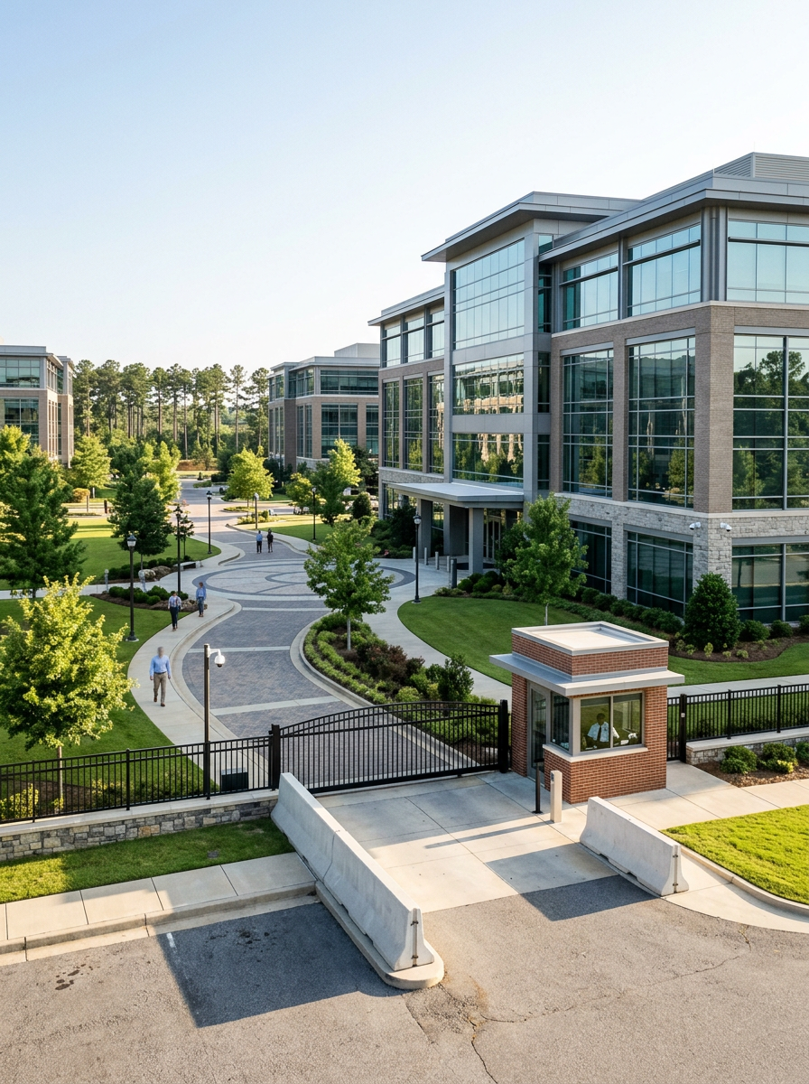 Modern office campus with landscaped grounds and gated security entrance