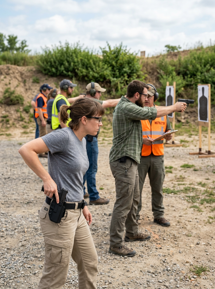 Handgun course practicing safe holster draw